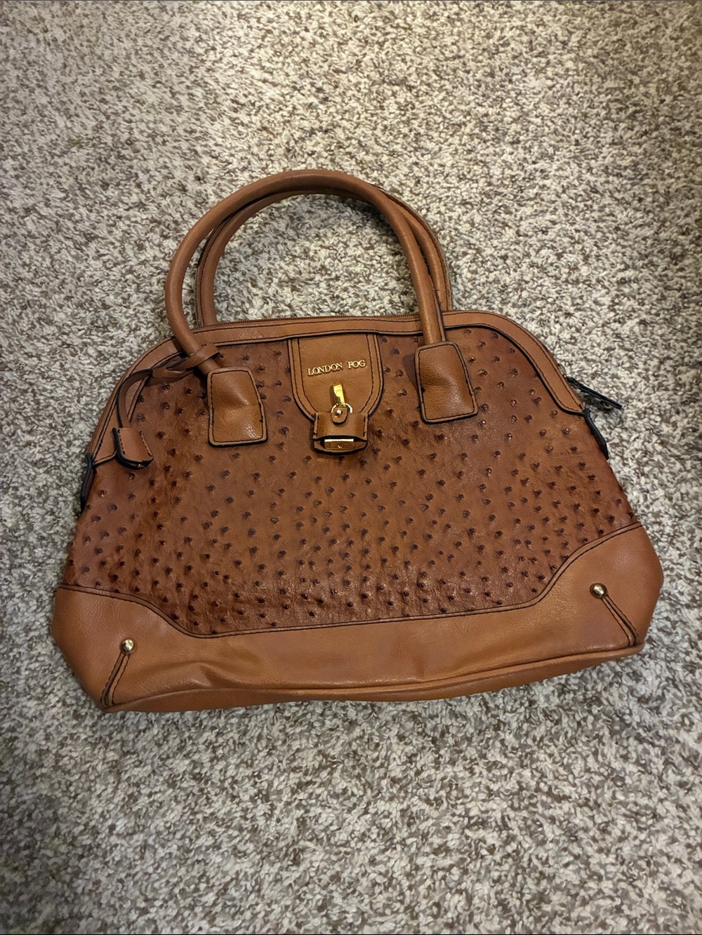 London Fog Brown Ostrich-Texture Satchel Handbag